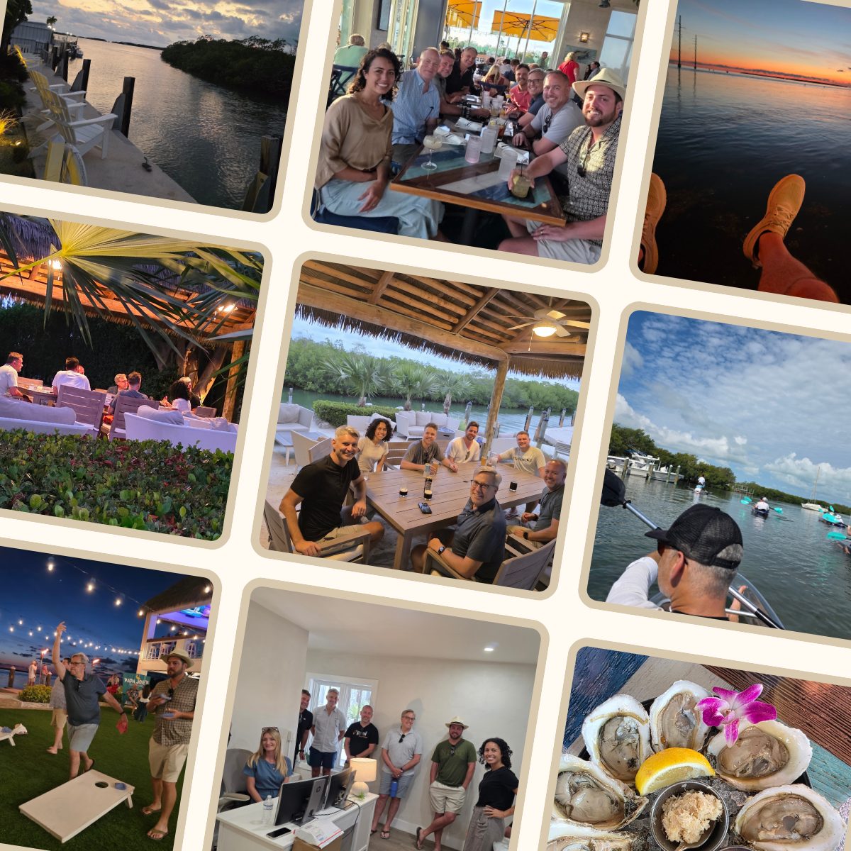 Collage from a past Gold Retreat: cohort dinners on the water, kayaking through mangroves, sunset docks, cornhole under string lights, fresh oysters, and a VRM office tour
